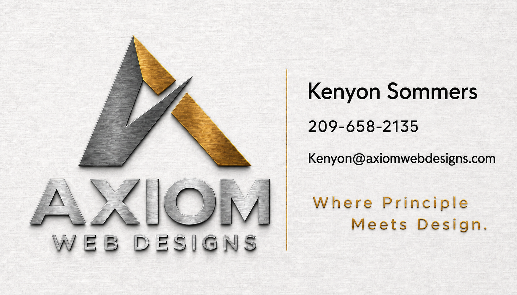 Axiom Web Designs business card for Kenyon Sommers, 209-658-2135, Kenyon@axiomwebdesigns.com